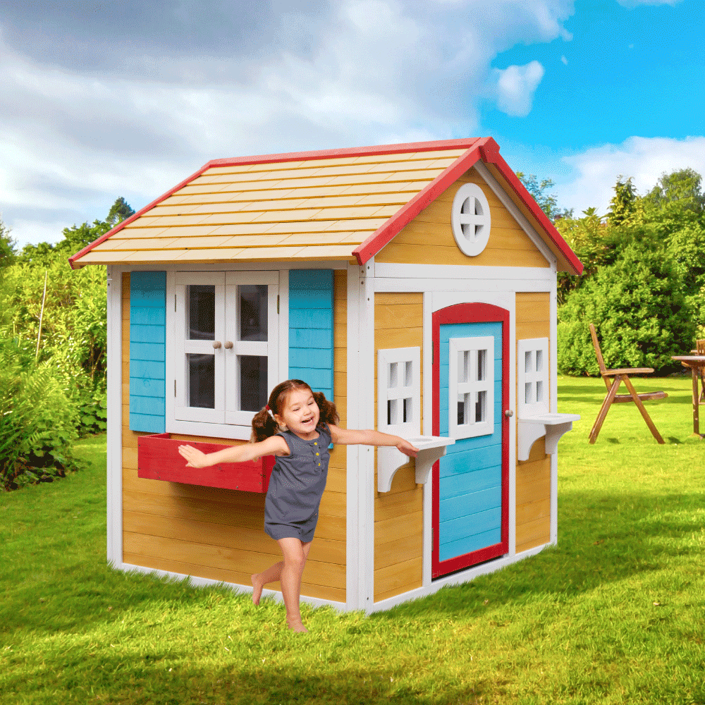 Căsuță de grădină din lemn pentru copii natural / alb / albastru / roșu, AVILO
