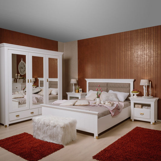 Bedroom Set Saint Tropez Bed With Wardrobe, 2 Bedside Tables And Bed With Mattress Size 160 X 200 Cm, Painted White 