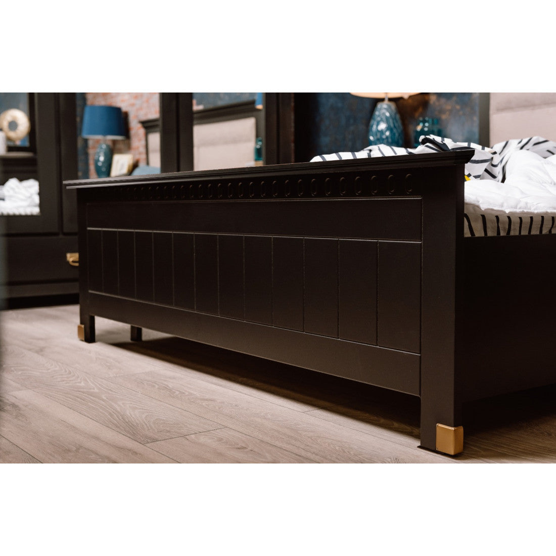 Saint Tropez Bedroom Set, Painted Black, Bed With Mattress Size 160 x 200 cm, Wardrobe and 2 bedside tables