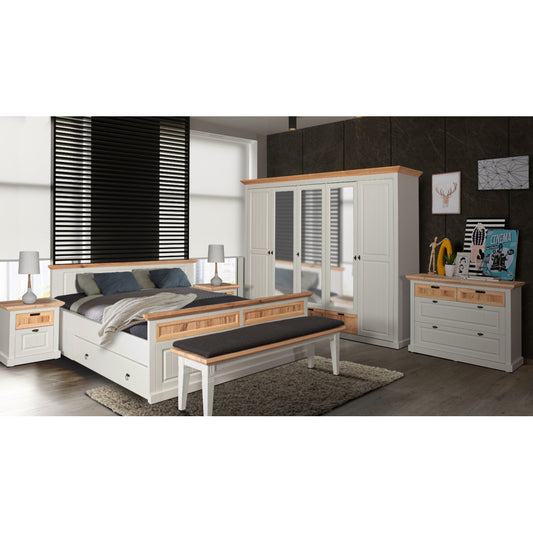 White and Natural Tivoli Bedroom Set, Bed with Mattress Size 180 X 200 Cm, 2 Nightstands and Wardrobe